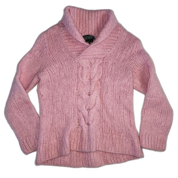 Vtg Lauren Ralph Lauren Exclusive Hand Knit Pink Cable Knit Shawl Neck Sweater M - Picture 2 of 9